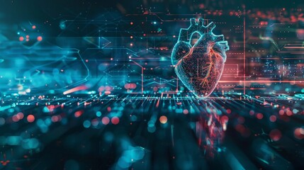 Digital representation of a human heart with glowing elements on a technological background. - obrazy, fototapety, plakaty