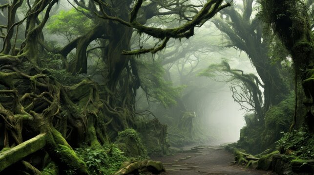 Enchanted forest with gnarled trees, twisting vines, and mysterious creatures lurking in shadows