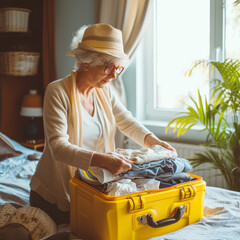 A 50-60 year old woman is packing her suitcase for a trip. Tourism, travel concept.