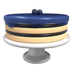 Cake with blueberry jam. 3D blueberry cake. Cake with liquid blue berry glaze drops. Sweet round cake. 3D render illustration
