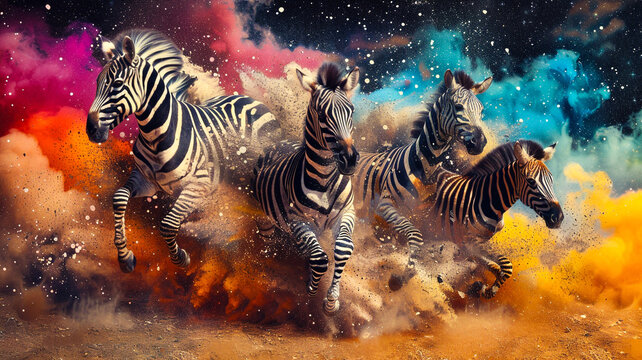 Exotic animals zibra under a radical aurora, colors clash in fantastical realism