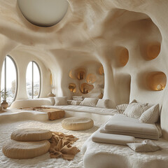 Chambre de marié lumineux cozy et confortable style desert, blanc