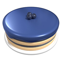 Cake with blueberry jam. 3D blueberry cake. Cake with liquid blue berry glaze drops. Sweet round cake. 3D render illustration
