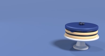 Cake with blueberry jam. 3D blueberry cake. Cake with liquid blue berry glaze drops. Sweet round cake. 3D render illustration