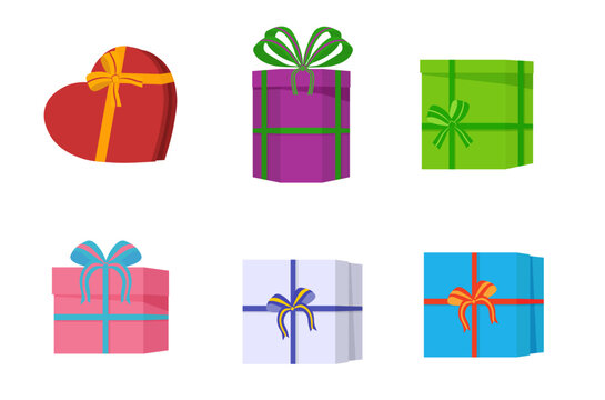 Set of different gift boxes. Surprise in the box. Collection for birthday, Christmas. Set of different present boxes. Colorful wrapped. Sale, shopping concept. Vector cartoon flat design.