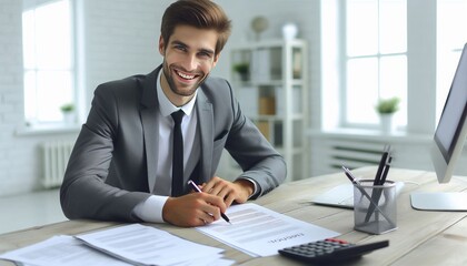 Fototapeta premium Portrait of a young businessman working with documents and an invoice while seated at a desk in the office and grinning at the camera