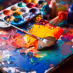 A close-up of a painters palette with a mix of vibrant colors