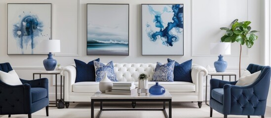 This living room is tastefully decorated with a combination of navy blue and white furniture, creating a sophisticated and elegant atmosphere. The room features a blue sofa, white armchairs, blue