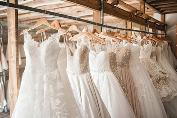 Beautiful wedding dresses on hangers in wedding atelier