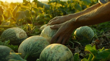 A farmer's hands selecting ripe watermelons in a sunlit field during harvest time.