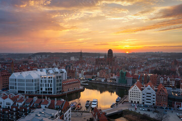 Old town in Gdansk by the Motlawa river at sunset, Poland.
