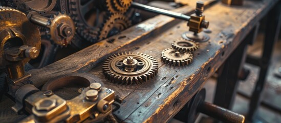 This close-up view shows intricate gears on an antique wooden machine, showcasing craftsmanship and functionality. The gears are interlocked, demonstrating the inner workings of the vintage - obrazy, fototapety, plakaty