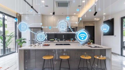 Smart home uses modern technology including the internet of things to feature various connected devices - obrazy, fototapety, plakaty