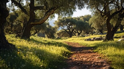 Sun dappled olive grove with ancient trees, shimmering silvery leaves under the sky.