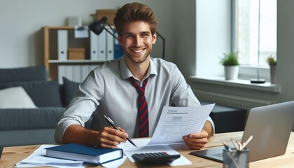 Fototapeta premium Portrait of a young businessman working with documents and an invoice while seated at a desk in the office and grinning at the camera