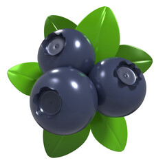 Fresh blueberry. Blueberry with leaves. Cartoon blueberry icon. Fruit and healthy food concept. 3D rendering illustration