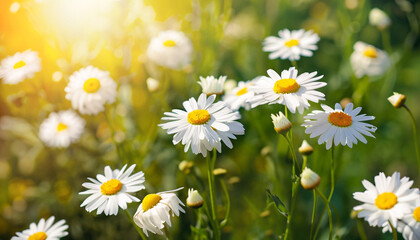 Summer background with beautiful daisies in sunlight. Blooming medical daisies.
