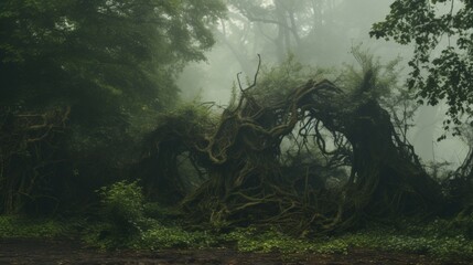 Mystical fairy tale forest enveloped in mist with gnarled trees and mysterious creatures