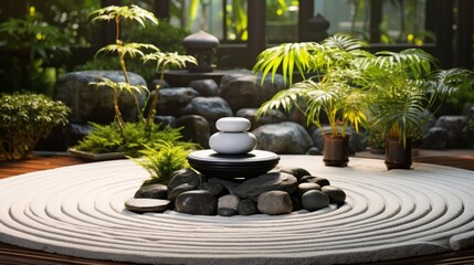 Tranquil zen garden with raked gravel, sculpted rocks, and minimalist plantings for contemplation