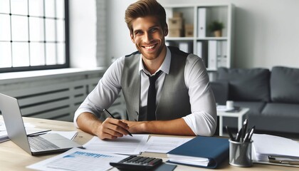 Fototapeta premium Portrait of a young businessman working with documents and an invoice while seated at a desk in the office and grinning at the camera