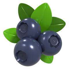 Fresh blueberry. Blueberry with leaves. Cartoon blueberry icon. Fruit and healthy food concept. 3D rendering illustration