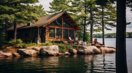 Obraz premium Tranquil lakeside cabin with rustic dock and tall pine trees for relaxation and reflection