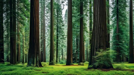 Majestic redwood forest  towering trees with moss covered trunks reaching for the sky - obrazy, fototapety, plakaty