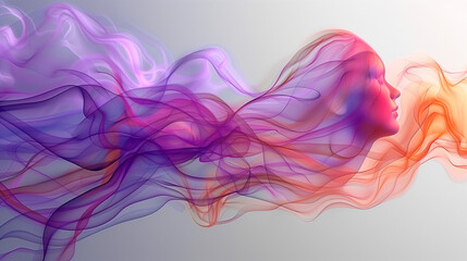Abstract colorful smoke pattern, art representing a colored veil or immaterial wave floating in the air forming a woman's face, haunting memory, presence, female ghost on transparent background
