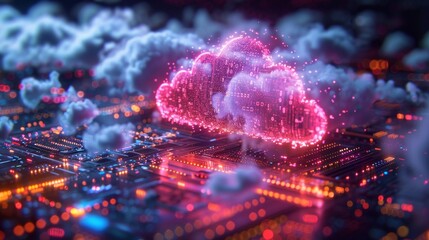 Cloud computing technology concept. Floating over a colorful background server hardware circuitry.