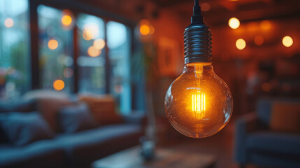 Close up of LED light bulb, energy efficient lighting solution glowing softly orange backlight inside house
