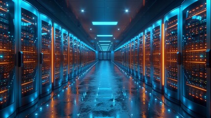 Technology concept data center server row control room cloud computing neon light background - obrazy, fototapety, plakaty