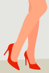 Red female pairs of legs in high heels: slingbacks, pumps, wedge-heeled shoes, clogs, stilettos, isolated on white background. Flat cartoon colorful vector illustration.