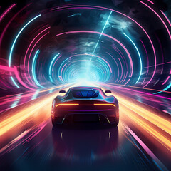 A futuristic car zooming through a tunnel of neon lights