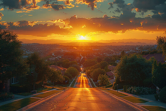 Aerial view of cul de sac neighborhood suburban street with luxury houses in upper middle class American real estate development in the USA stunning red, yellow, orange sunset color sky 