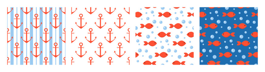 Cute seamless pattern set in navy and marine simple style. Minimalistic fishes, anchors and stripes background