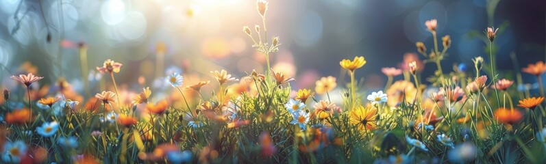 Spring field of colorful wild flowers, sunny day, wide