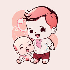 baby playing with father, illustration, sticker, clean white background, t-shirt design, graffiti, vibrant, vector illustration kawaii