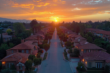 Aerial view of cul de sac neighborhood suburban street with luxury houses in upper middle class American real estate development in the USA stunning red, yellow, orange sunset color sky 