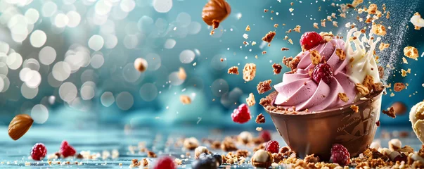 Fotobehang Chocolate Cupcake with Cream, Berries, and Nuts in Mid-Air Celebration © Jyukaruu's Studio