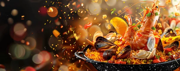 Fototapeten Sizzling Spanish Paella with Vibrant Seafood and Spices © Jyukaruu's Studio