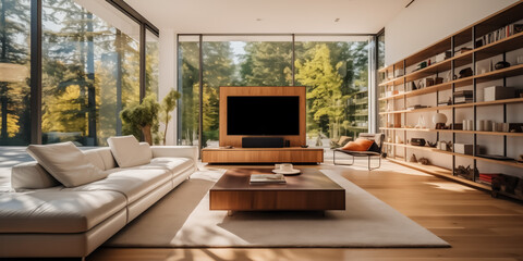 Obraz premium Sunny forest view from modern living room with chic decor