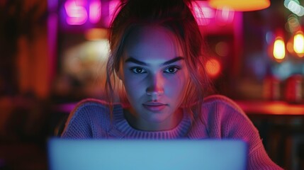 Woman working on laptop late at night