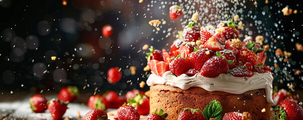 Strawberry Cake with Whipped Cream and Festive Garnish - obrazy, fototapety, plakaty