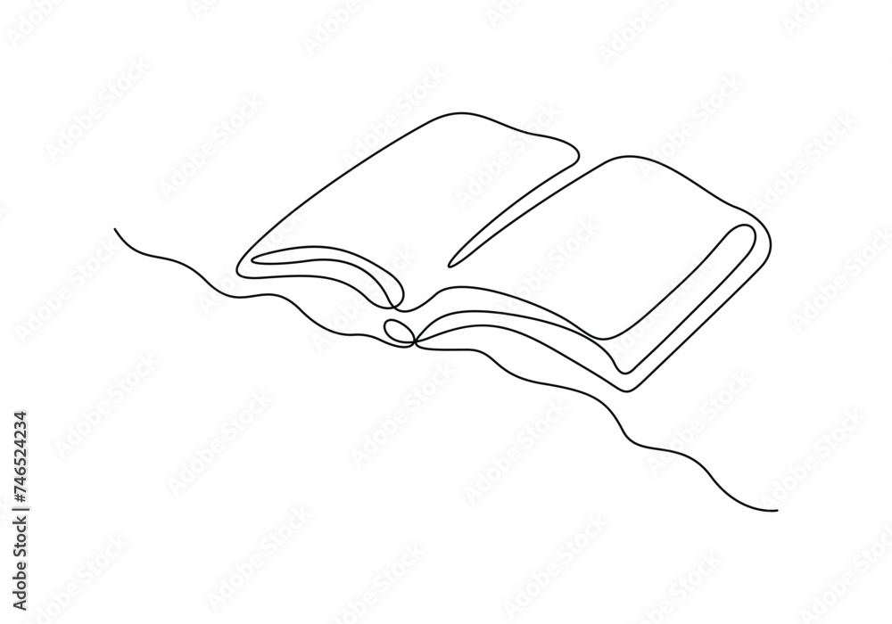 Poster continuous one line art of open book. isolated on white background vector illustration. pro vector