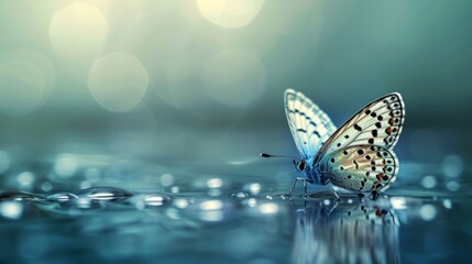 A delicate blue butterfly perches on a wet surface with water droplets, reflecting the beauty of...