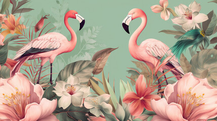 Flamingos on exotic green background