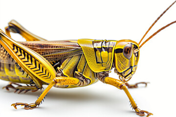 Fototapeta premium Close-up of a yellow grasshopper against a white background