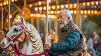 Fototapeta na wymiar Riding the Carousel of Life - Old Man Enjoys a Smiling Merry-Go-Round Horse Ride. Fictional Character Created By Generated By Generated AI.