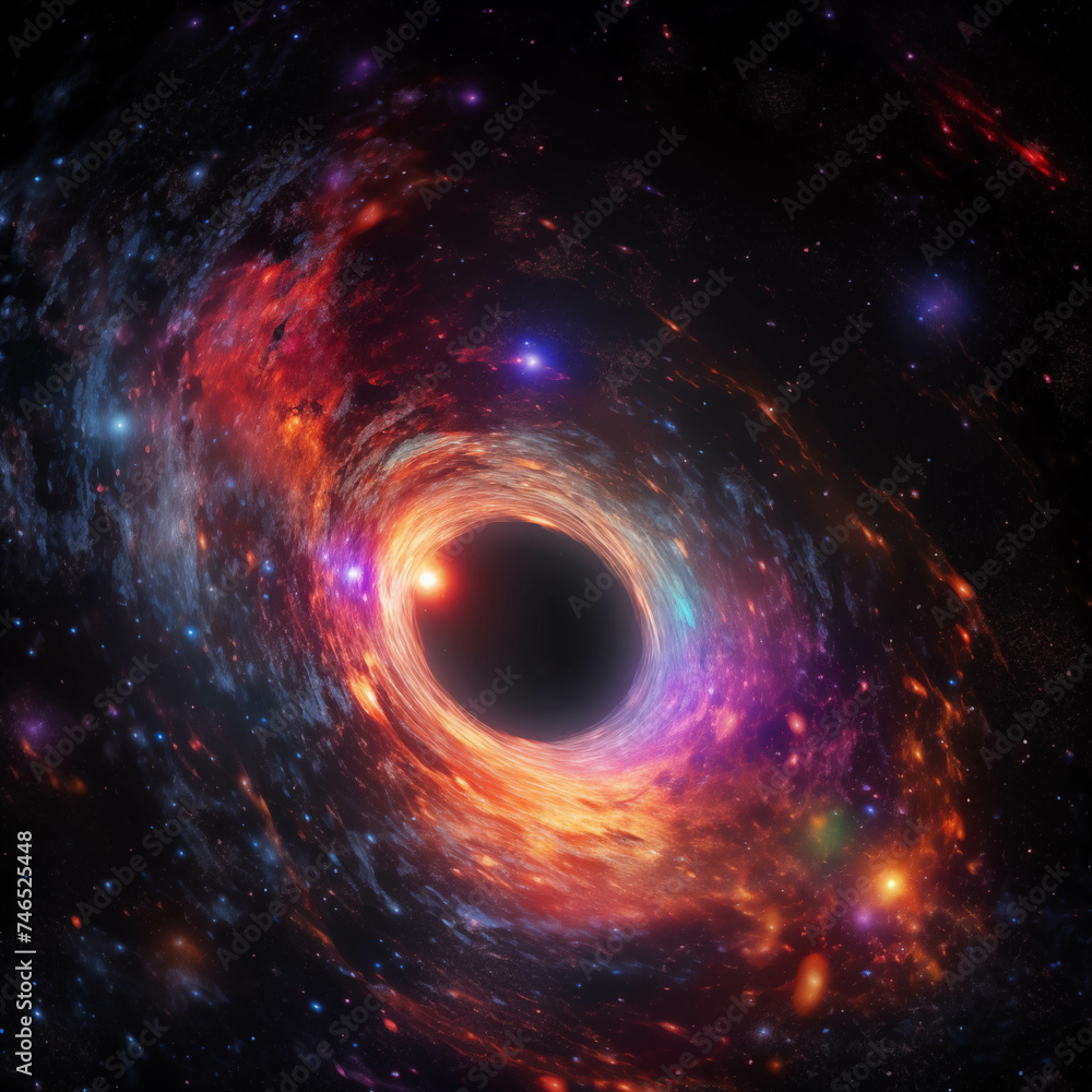 Poster a black hole with a glowing constellation of various colors revolves around a black hole in the univ