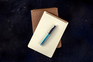 Notebook mockup with a pen, overhead flat lay shot on a black desk - 746525408